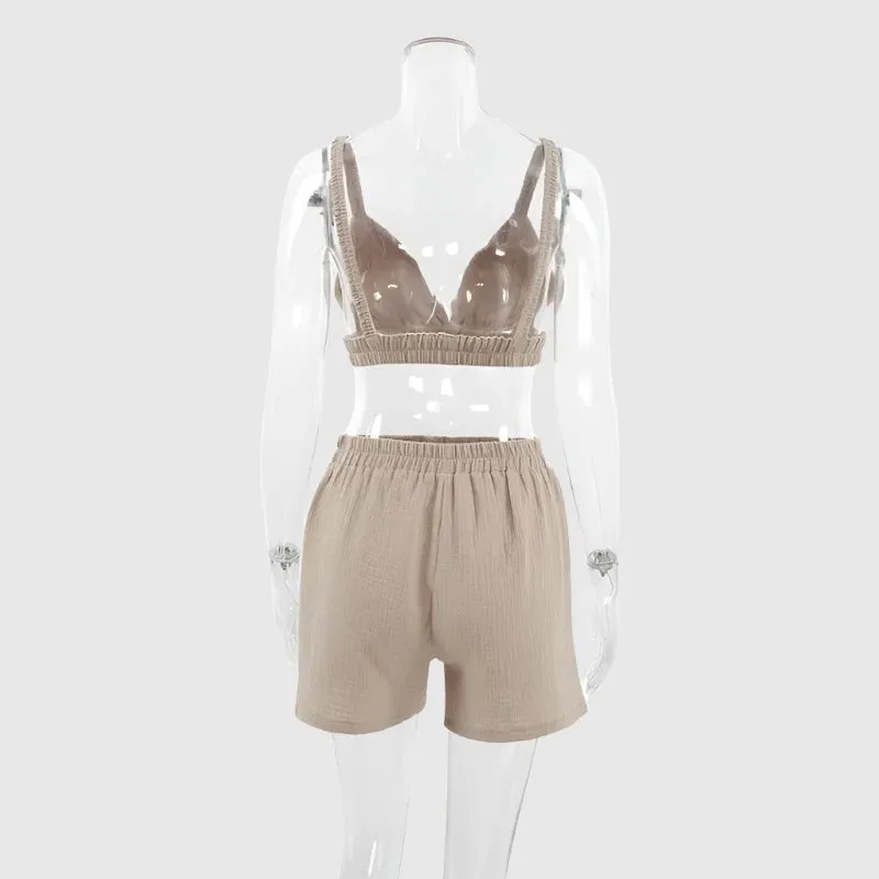 Women's Double-layer Gauze Short Sleeved Shirt, Bra Top and Shorts Loungewear Set