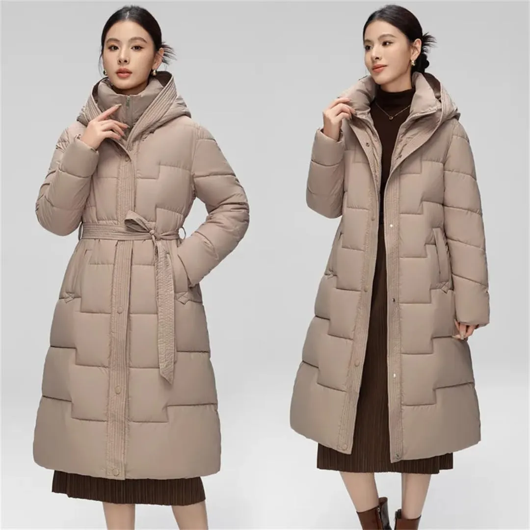 Women's Elegant Temperament Down Cotton Coats Long Winter Jacket Puffer Parkas Hooded Cotton Coat Overcoat