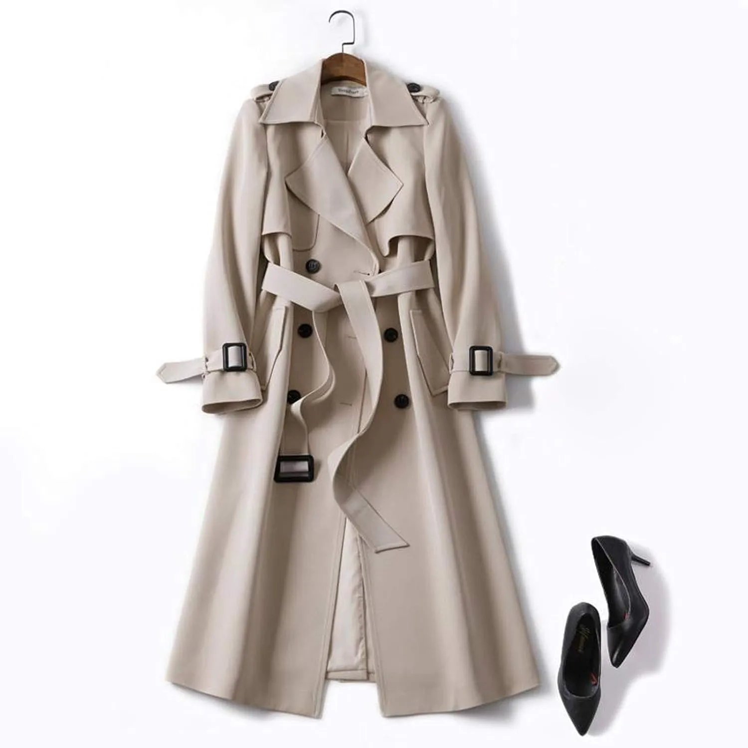 Womens Fashion Temperament Solid Trench Coats with Belt Double Breasted Long Windbreaker 2024 Casual Slim Work Coat