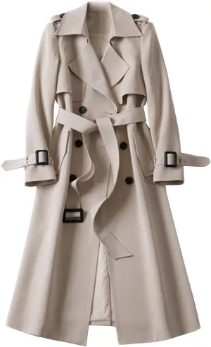 Womens Fashion Temperament Solid Trench Coats with Belt Double Breasted Long Windbreaker 2024 Casual Slim Work Coat