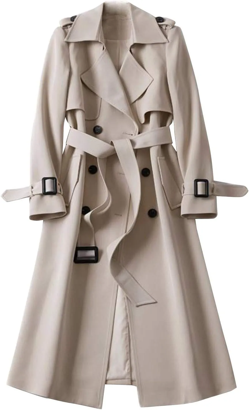 Womens Fashion Temperament Solid Trench Coats with Belt Double Breasted Long Windbreaker 2024 Casual Slim Work Coat