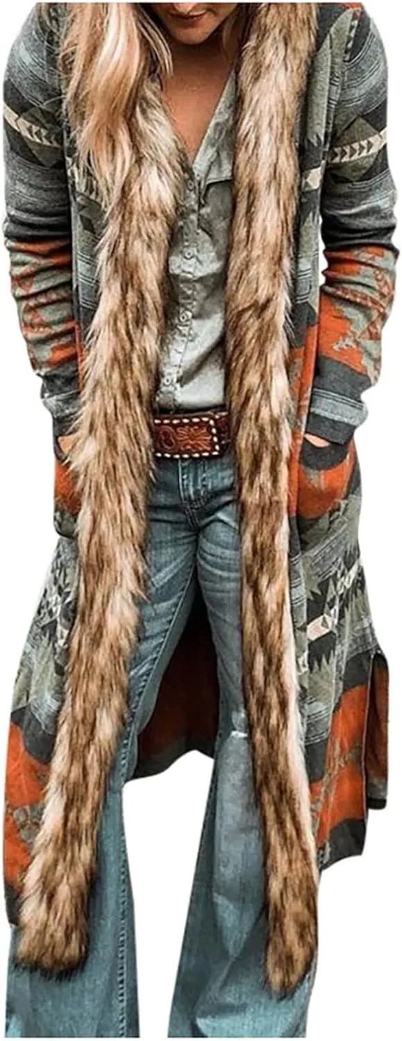 Womens Faux Furs Collar Overcoat Trendy Cardigan Hooded Trench Jackets Trendy Winter Warm Open Front Outerwear
