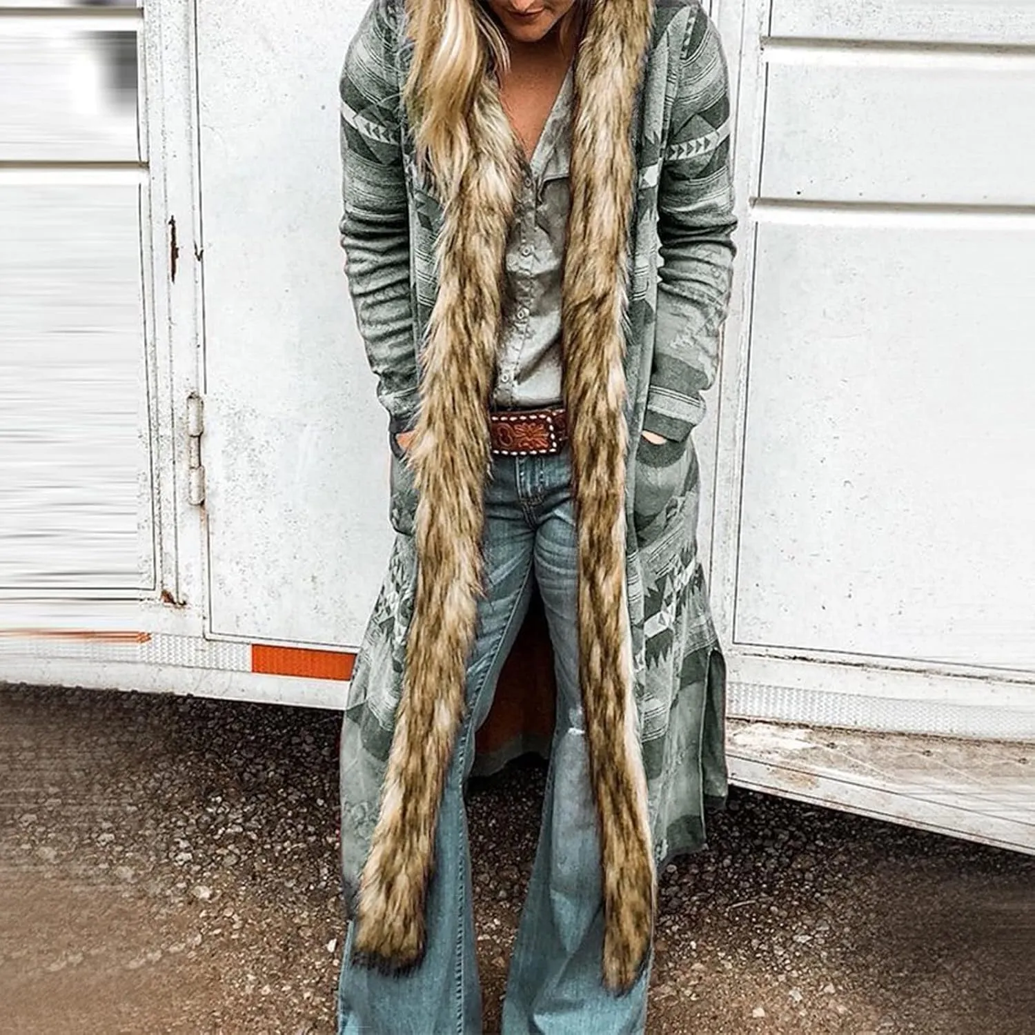 Womens Faux Furs Collar Overcoat Trendy Cardigan Hooded Trench Jackets Trendy Winter Warm Open Front Outerwear