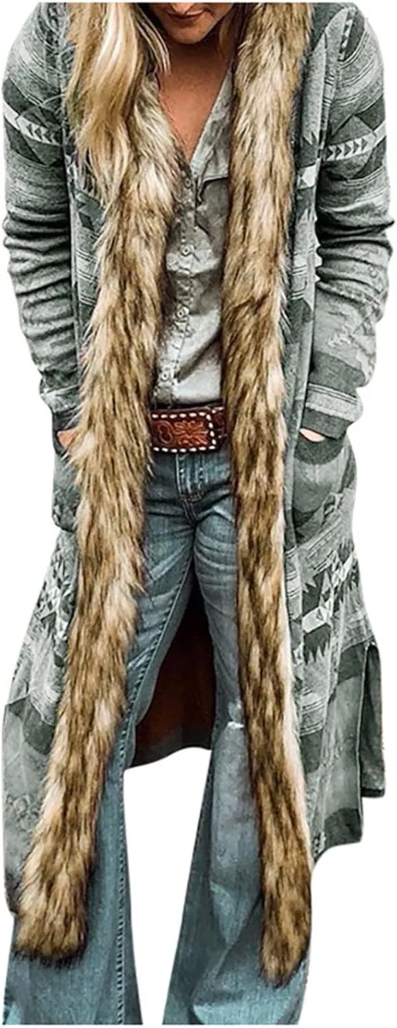 Womens Faux Furs Collar Overcoat Trendy Cardigan Hooded Trench Jackets Trendy Winter Warm Open Front Outerwear