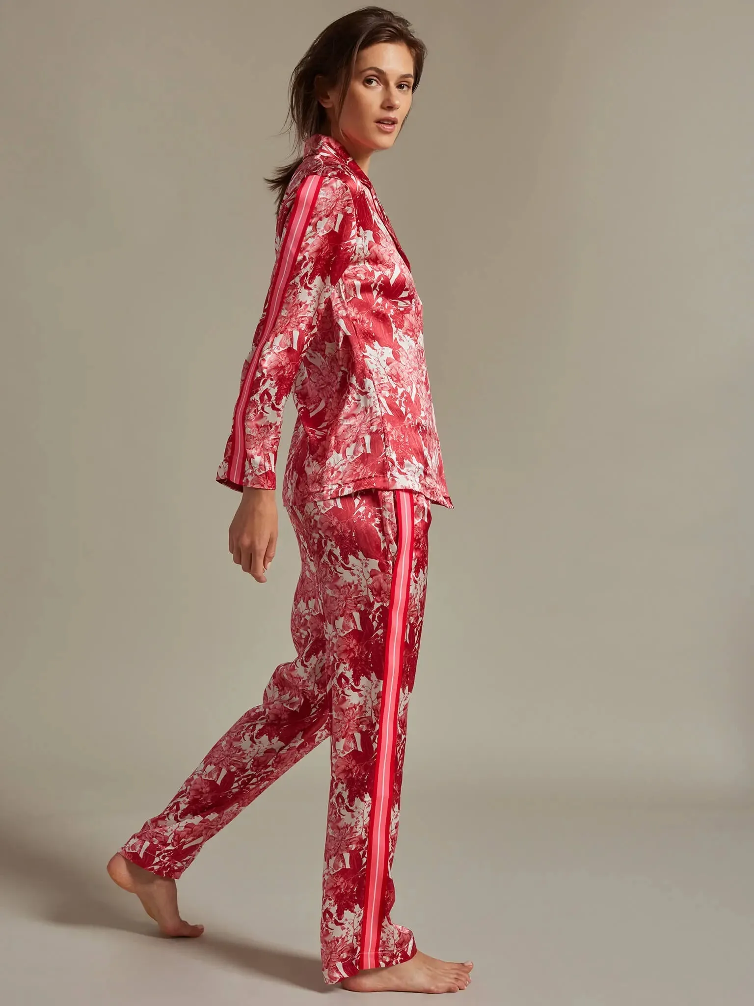 Women's Fire Lily Silk Pajama Set With Stripe