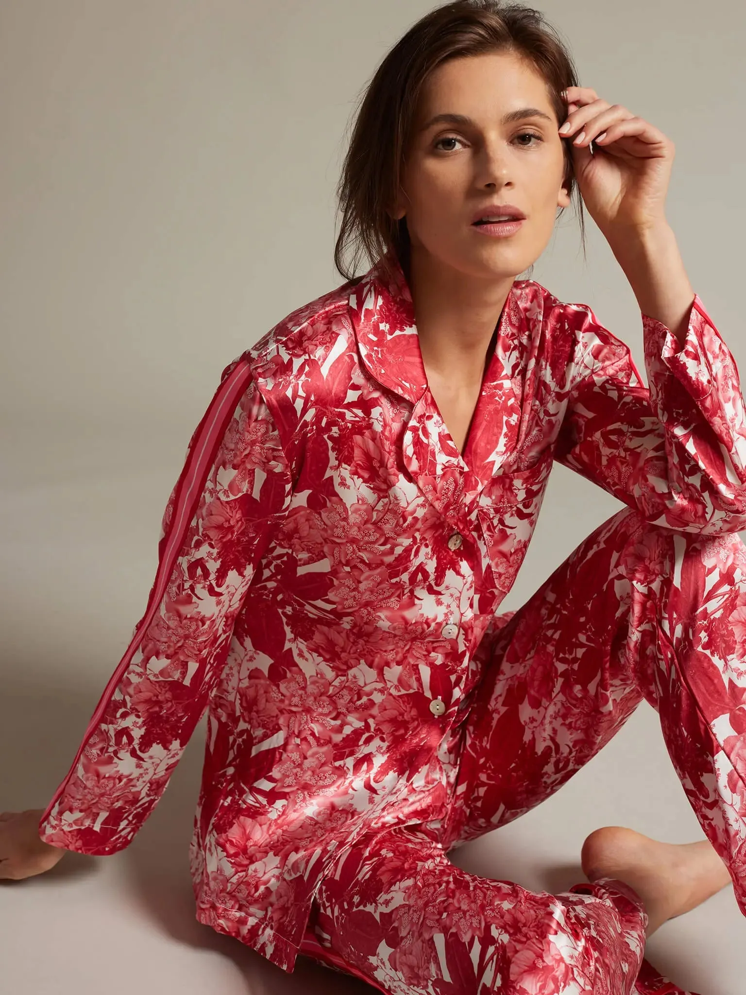 Women's Fire Lily Silk Pajama Set With Stripe