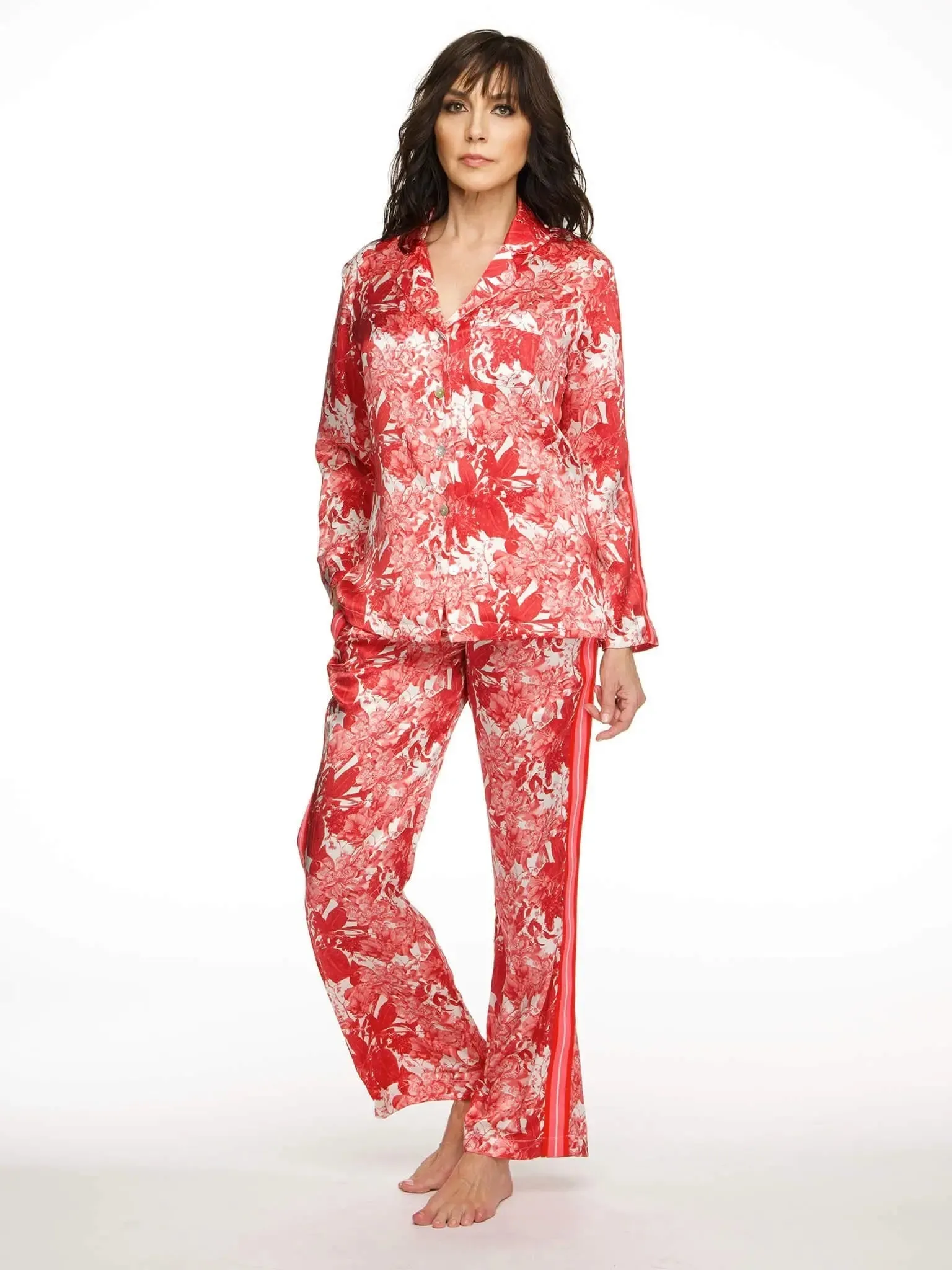 Women's Fire Lily Silk Pajama Set With Stripe