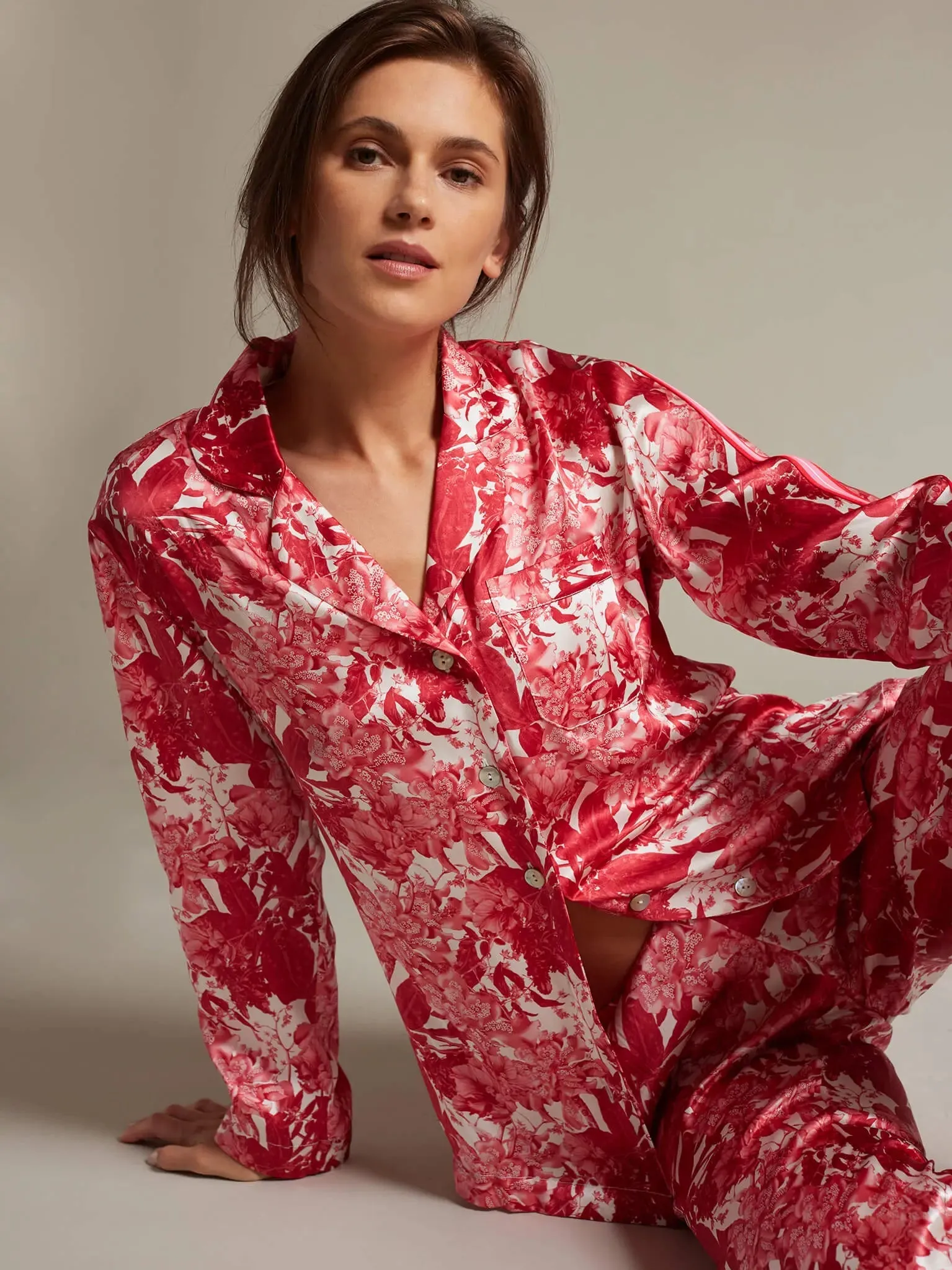 Women's Fire Lily Silk Pajama Set With Stripe