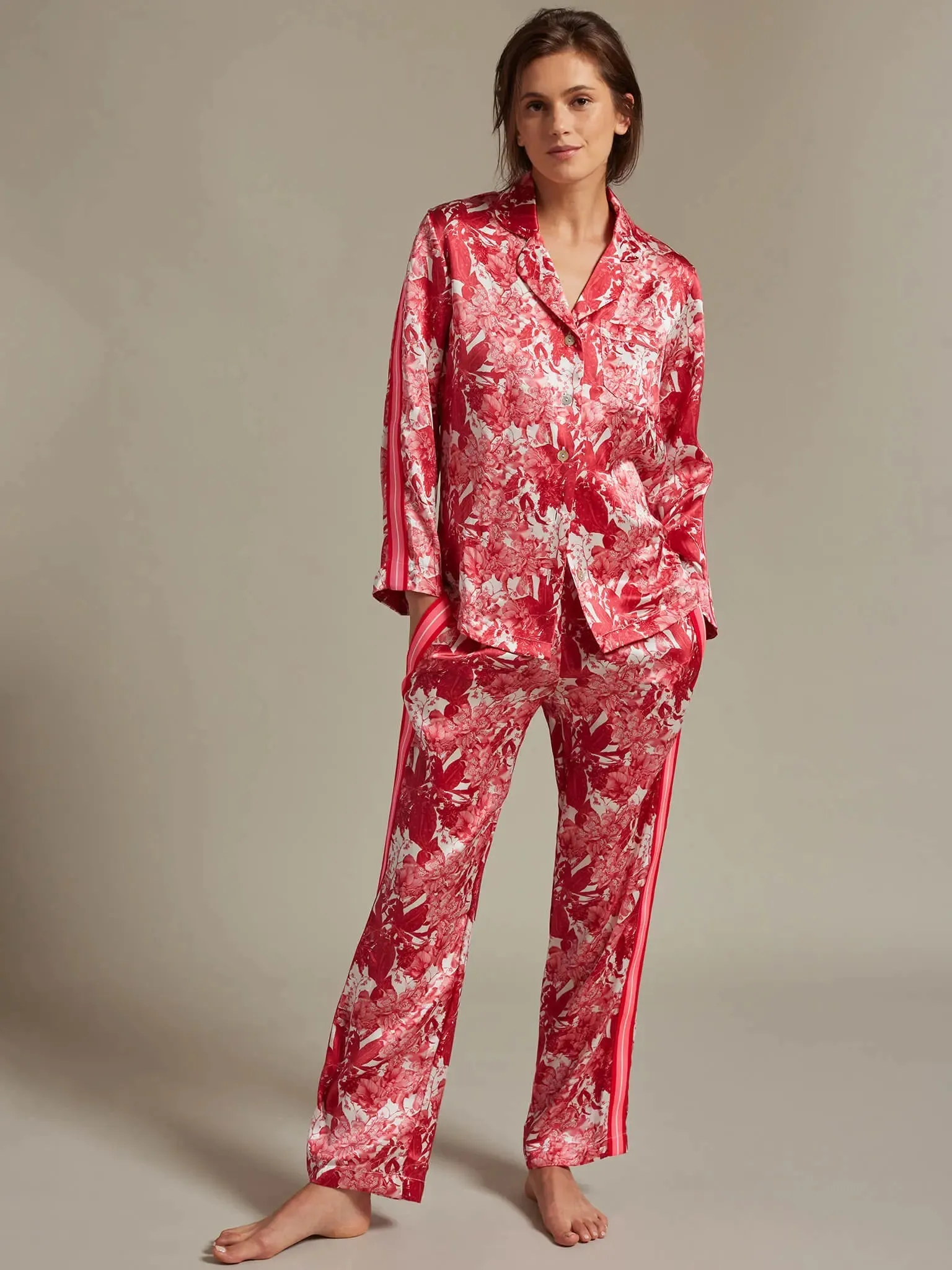 Women's Fire Lily Silk Pajama Set With Stripe