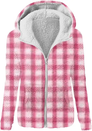 Womens Flannel Jacket Women's Fashion Flannel Sweatshirt Loose Hooded Plush Zip Up Jacket Top
