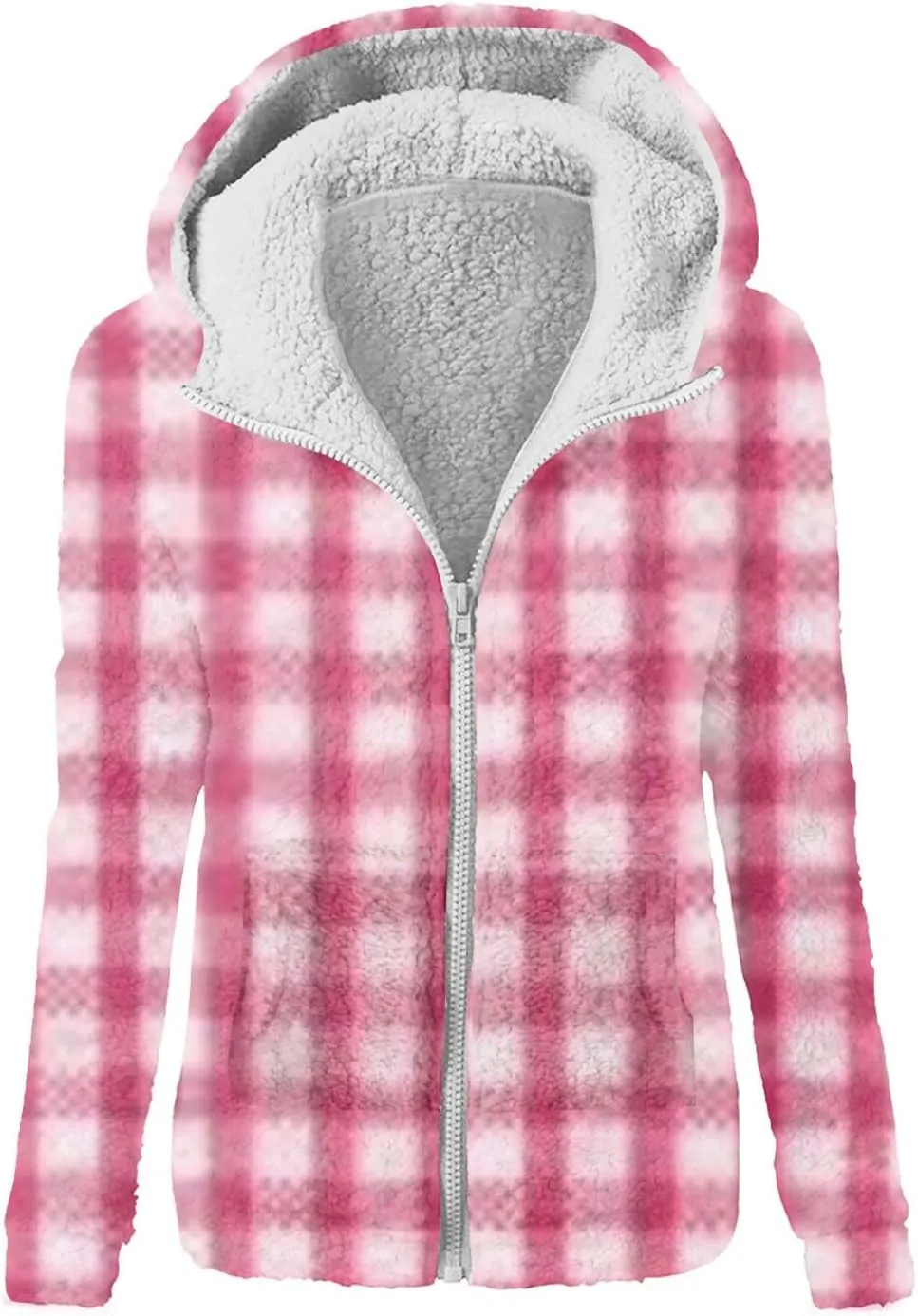 Womens Flannel Jacket Women's Fashion Flannel Sweatshirt Loose Hooded Plush Zip Up Jacket Top