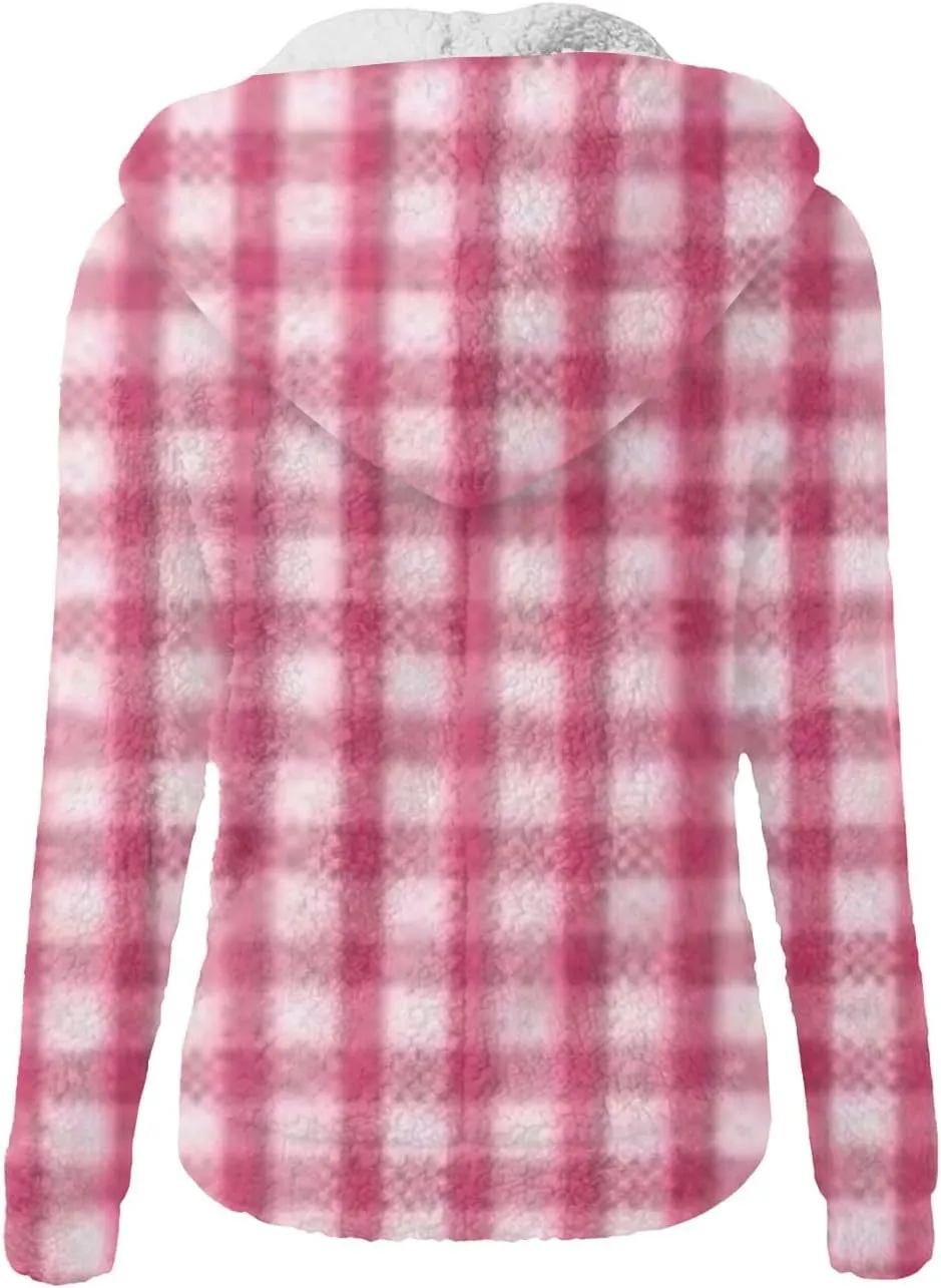 Womens Flannel Jacket Women's Fashion Flannel Sweatshirt Loose Hooded Plush Zip Up Jacket Top