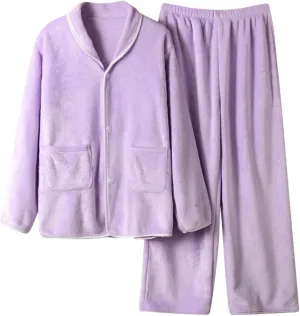 Womens Flannel Lounge Sets 2Pcs Winter Pajama Set Long Sleeve Button Down Soft Shirts Sleep Pants Cozy Loungewear