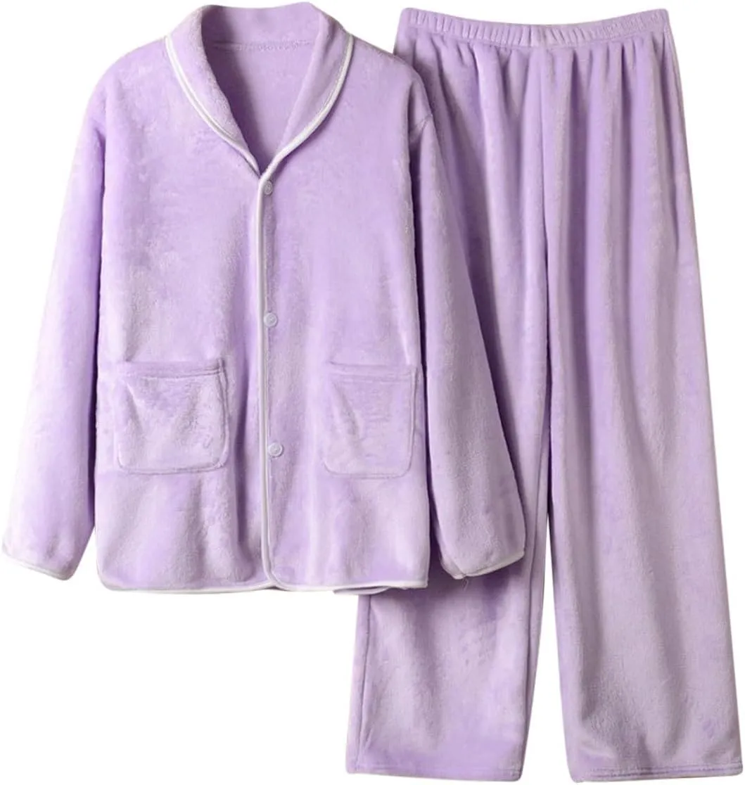 Womens Flannel Lounge Sets 2Pcs Winter Pajama Set Long Sleeve Button Down Soft Shirts Sleep Pants Cozy Loungewear