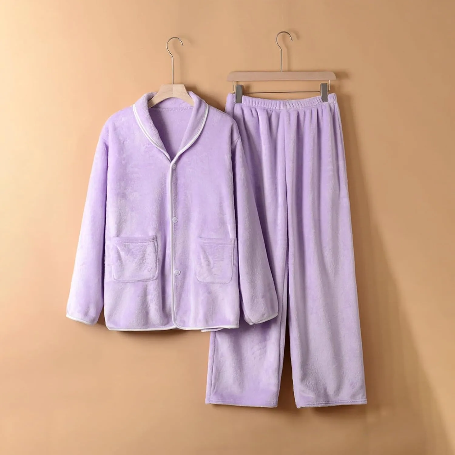 Womens Flannel Lounge Sets 2Pcs Winter Pajama Set Long Sleeve Button Down Soft Shirts Sleep Pants Cozy Loungewear