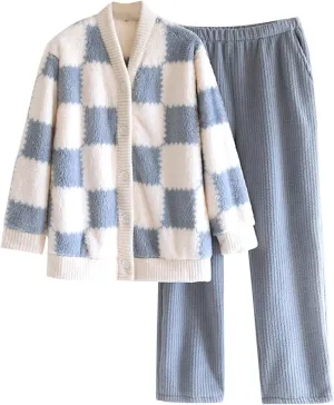 Womens Fleece Fuzzy Plaid Pajamas Set 2 Piece Long Sleeve Button Down Shirt and Pants Outfit Cozy Lounge Sleepwear