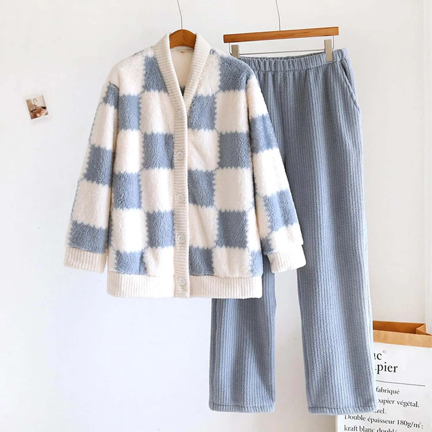 Womens Fleece Fuzzy Plaid Pajamas Set 2 Piece Long Sleeve Button Down Shirt and Pants Outfit Cozy Lounge Sleepwear