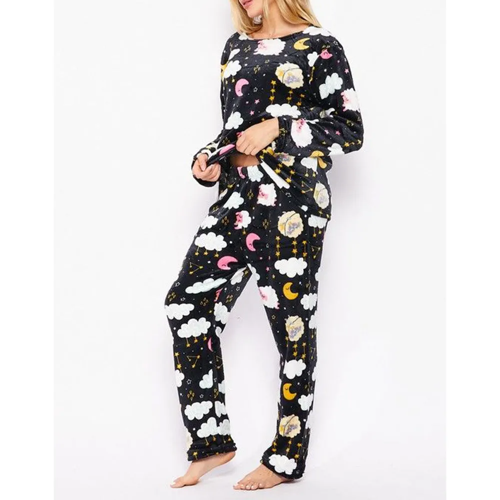 Women's Fleece Pajama Set Print Design Plush Casual Sleepwear Top & Bottom Set