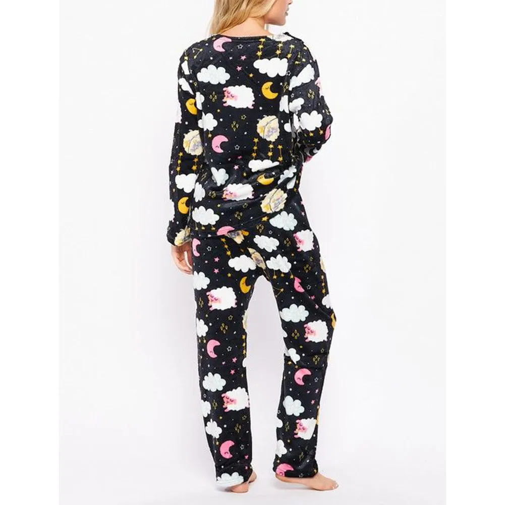 Women's Fleece Pajama Set Print Design Plush Casual Sleepwear Top & Bottom Set