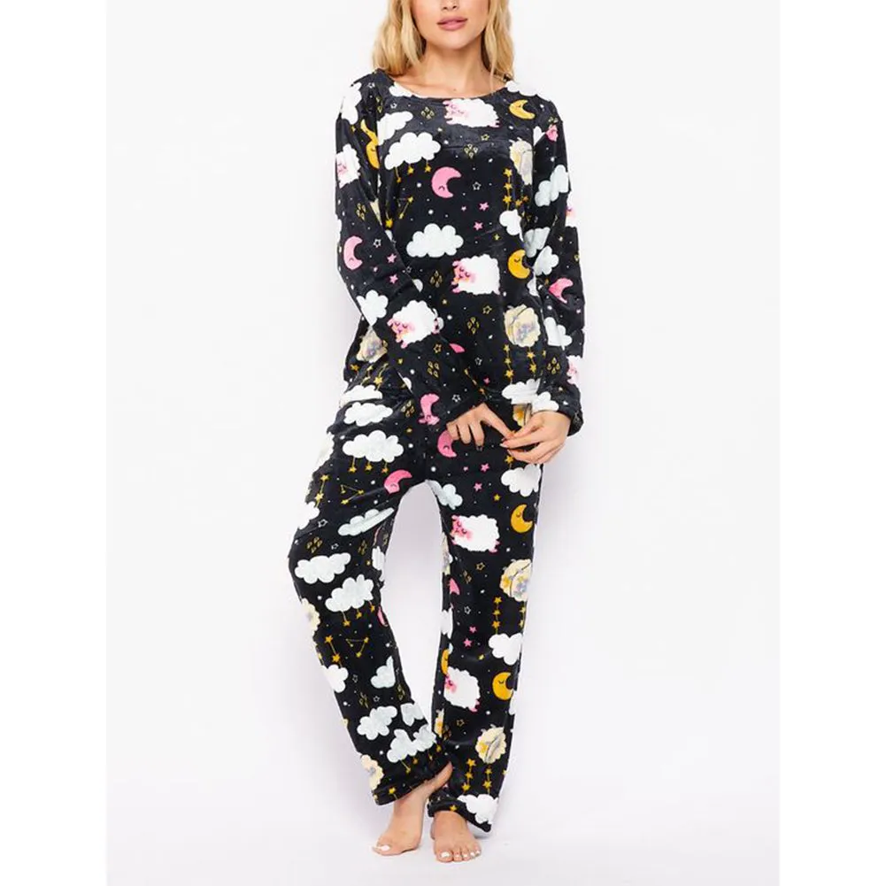 Women's Fleece Pajama Set Print Design Plush Casual Sleepwear Top & Bottom Set