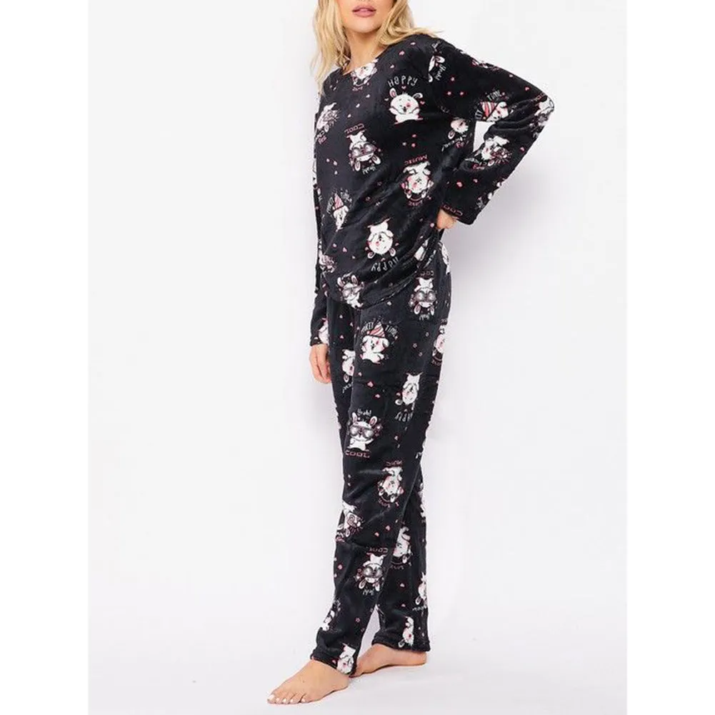 Women's Fleece Pajama Set Print Design Plush Casual Sleepwear Top & Bottom Set