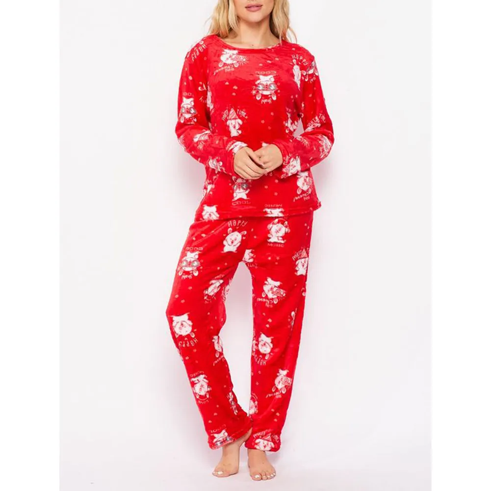 Women's Fleece Pajama Set Print Design Plush Casual Sleepwear Top & Bottom Set