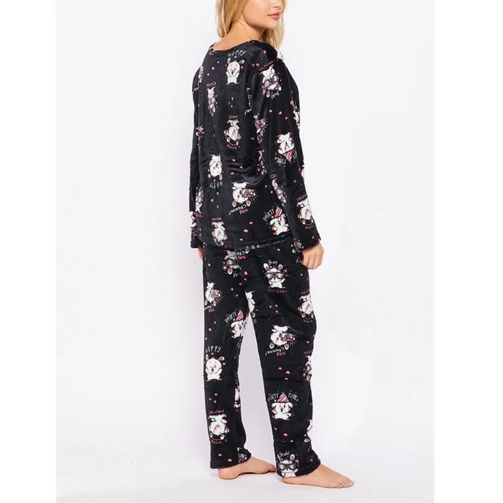 Women's Fleece Pajama Set Print Design Plush Casual Sleepwear Top & Bottom Set