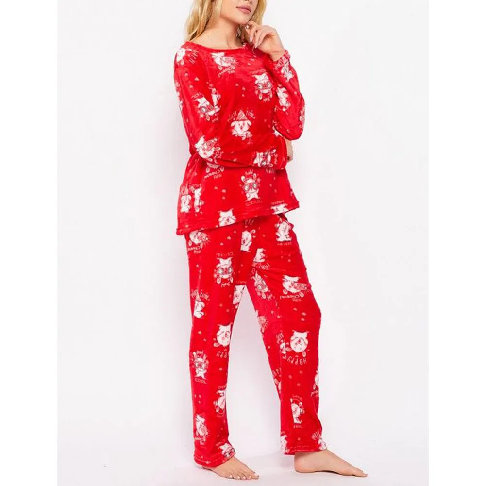 Women's Fleece Pajama Set Print Design Plush Casual Sleepwear Top & Bottom Set