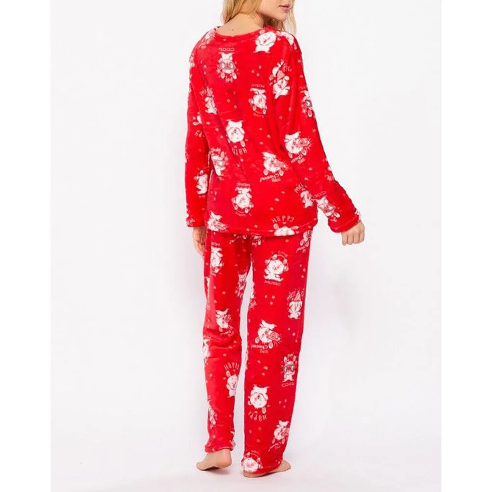 Women's Fleece Pajama Set Print Design Plush Casual Sleepwear Top & Bottom Set