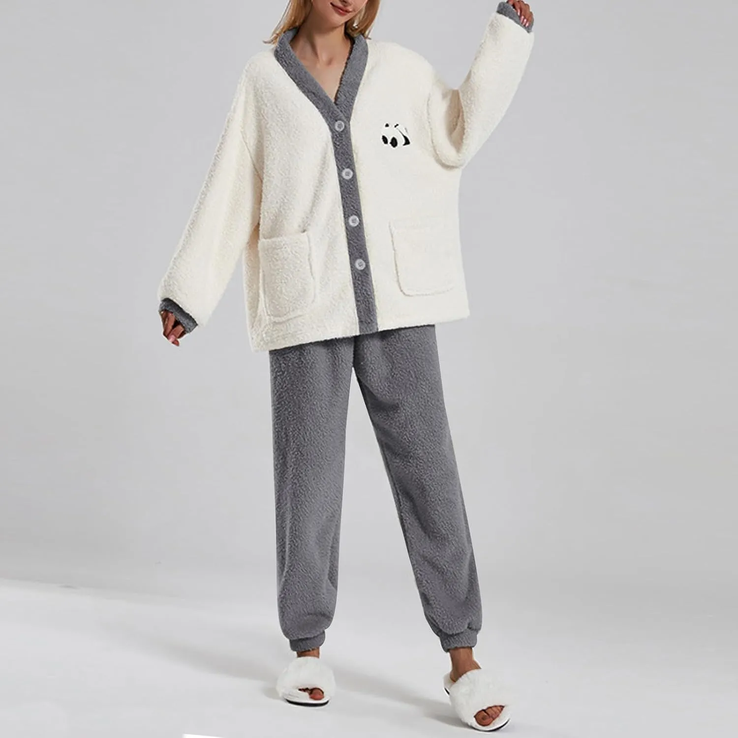 Womens Fleece Pajama Sets 2 Piece Winter Sleepwear Warm Fuzzy Pj Set Button Down Tops and Pants Casual Lounge Sets