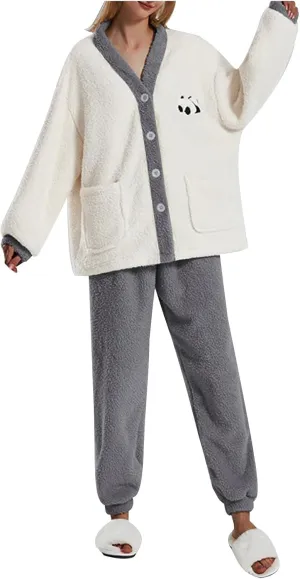 Womens Fleece Pajama Sets 2 Piece Winter Sleepwear Warm Fuzzy Pj Set Button Down Tops and Pants Casual Lounge Sets