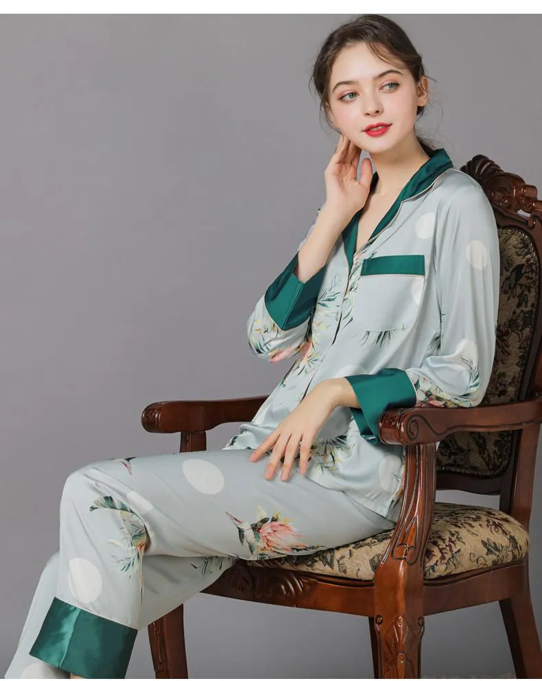 Women's Floral Print  Satin Long Sleeve Pajamas Set