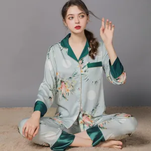 Women's Floral Print  Satin Long Sleeve Pajamas Set