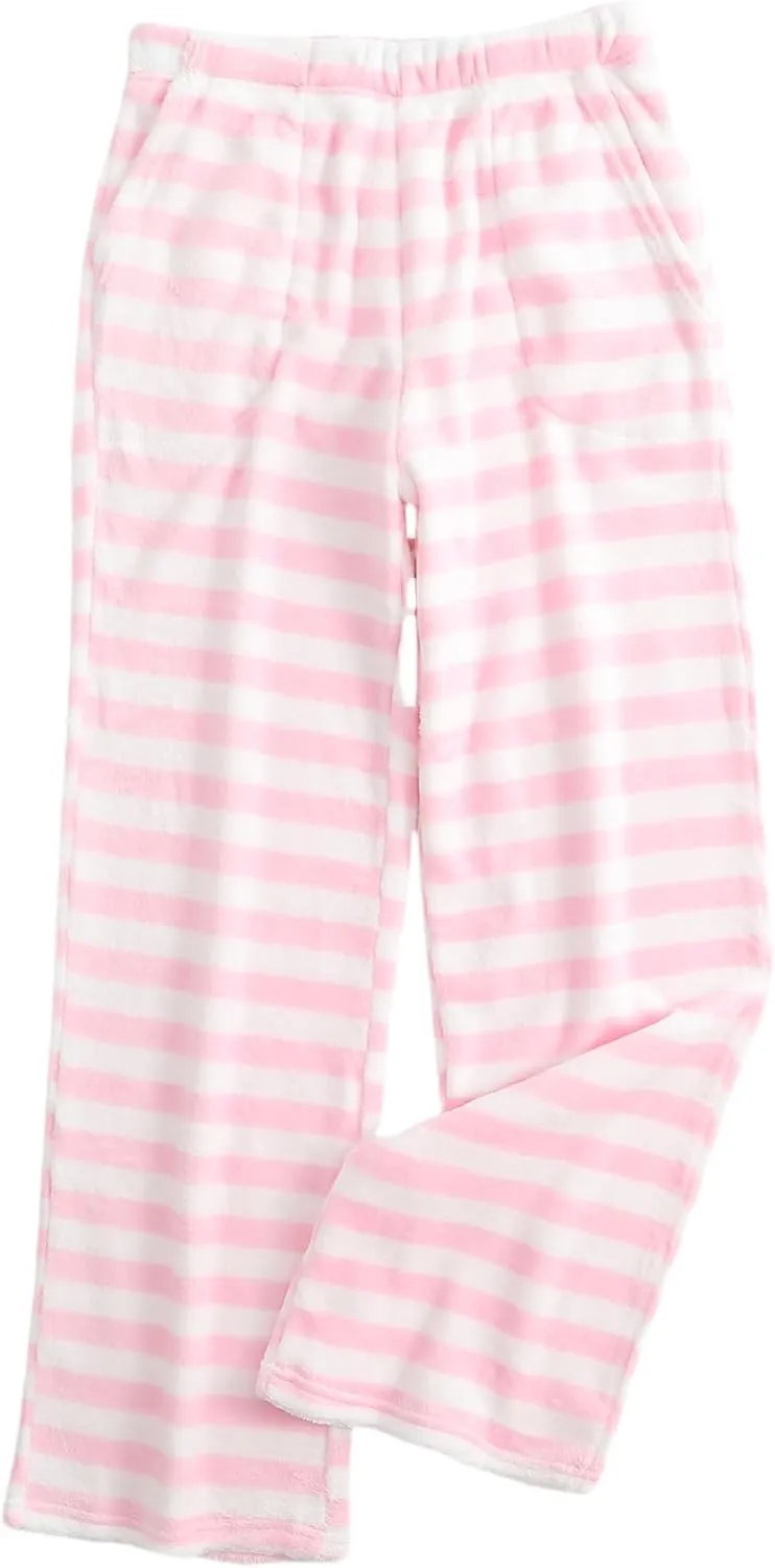 Womens Fuzzy Pajama Pants Elastic Waist Fluffy Pj Fleece Striped Pj Pants Comfy Lounge Sleepwear Pants with Pockets