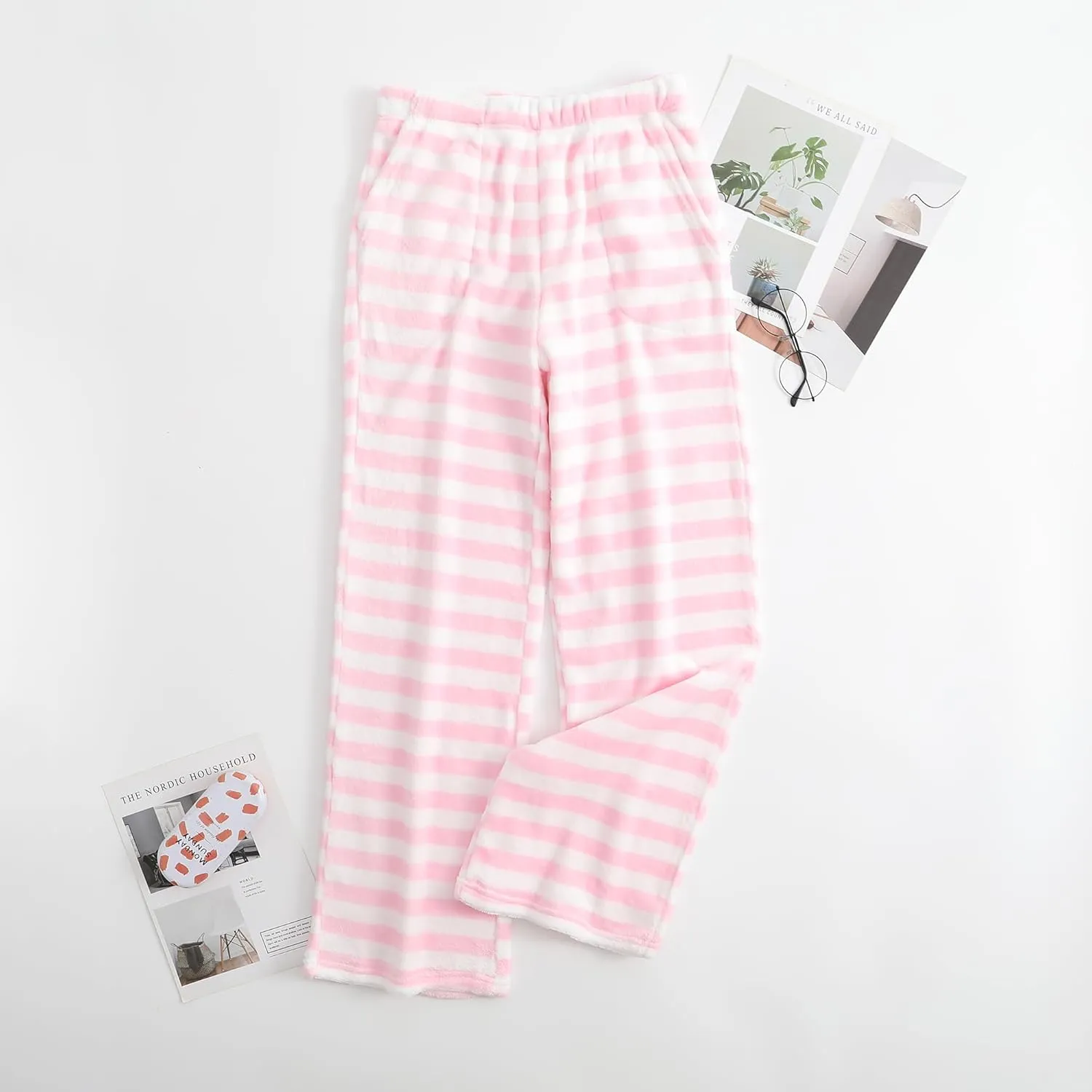 Womens Fuzzy Pajama Pants Elastic Waist Fluffy Pj Fleece Striped Pj Pants Comfy Lounge Sleepwear Pants with Pockets