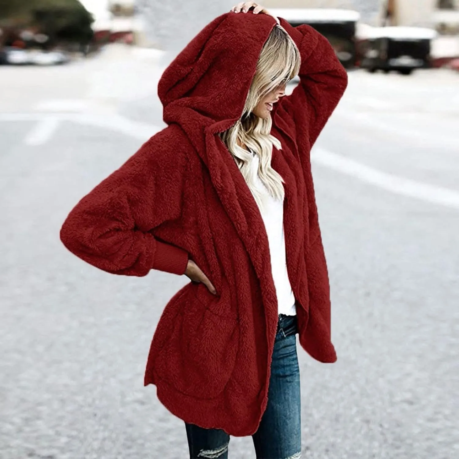 Women's Hooded Cardigan Sherpa Fuzzy Fleece Jacket Warm Coat Outwear with Pockets 
