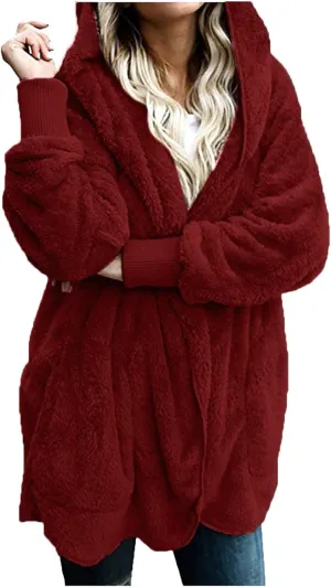 Women's Hooded Cardigan Sherpa Fuzzy Fleece Jacket Warm Coat Outwear with Pockets 