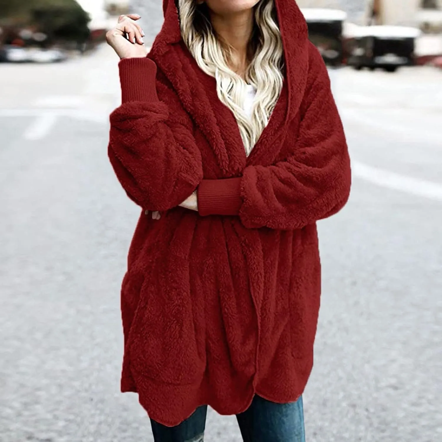 Women's Hooded Cardigan Sherpa Fuzzy Fleece Jacket Warm Coat Outwear with Pockets 