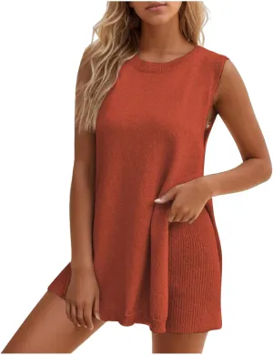 Womens Knit Pajamas Sets 2 Piece Outfits 2024 Casual Sleeveless Sweater Tank Tops Shorts Split Loungewear Lounge Sets