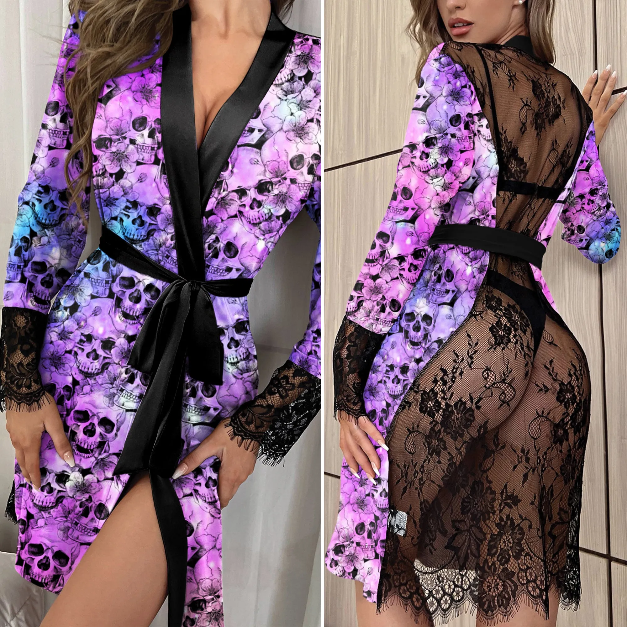 Women's Lace Kimono Robe for Bridesmaid, Skull Purple Babydoll Chemise Lingerie