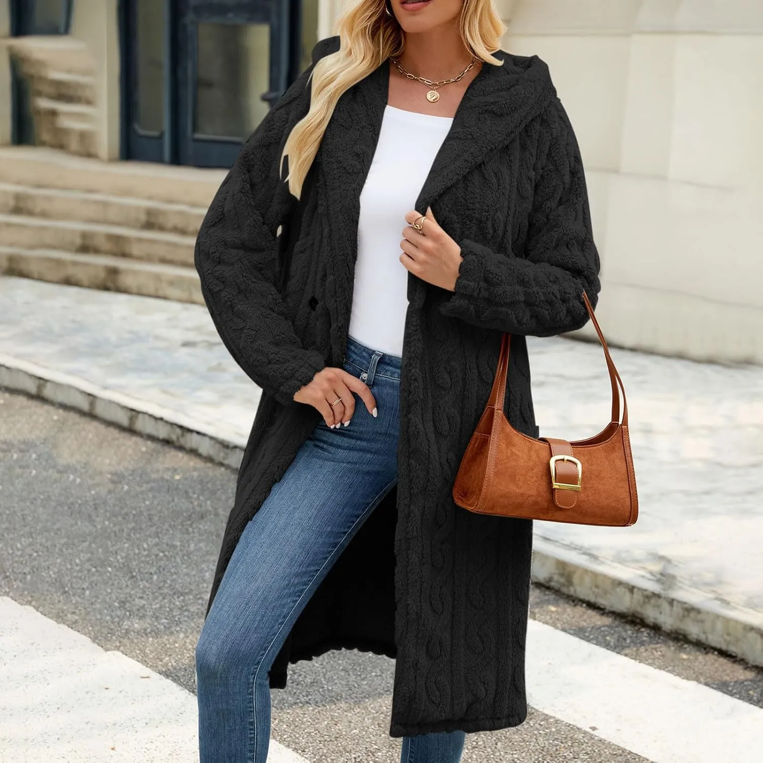 Womens Long Cardigan Sweaters Open Front Cable Knit Maxi Outerwear Trendy Hooded Jacket Fall Winter Warm Clothes
