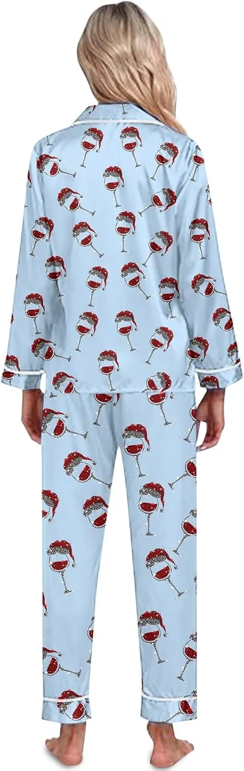 Womens Long Sleeve Christmas Pajamas Set,Plus Size Soft Button down Santa Print Tops Sleepwear Nightwear Pjs Lounge Sets