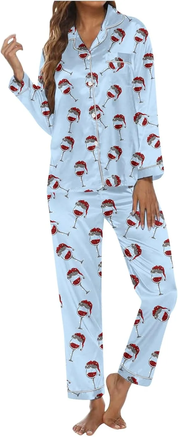 Womens Long Sleeve Christmas Pajamas Set,Plus Size Soft Button down Santa Print Tops Sleepwear Nightwear Pjs Lounge Sets