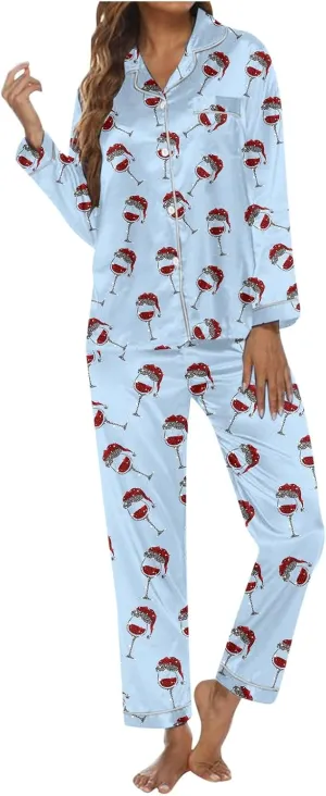 Womens Long Sleeve Christmas Pajamas Set,Plus Size Soft Button down Santa Print Tops Sleepwear Nightwear Pjs Lounge Sets