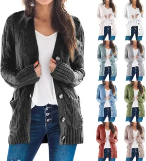 Women's Long Sleeve Open Front Knitted Cardigan Sweater, Button Down Chunky Pullover Outwear Coat