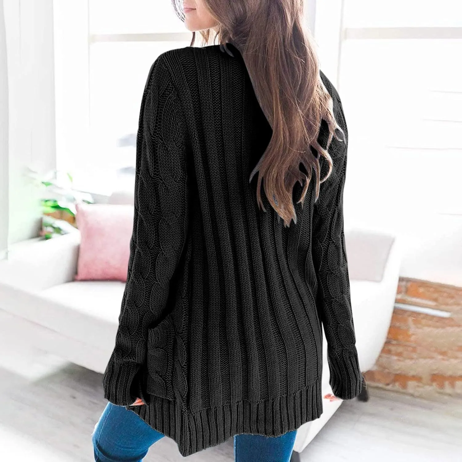 Women's Long Sleeve Open Front Knitted Cardigan Sweater, Button Down Chunky Pullover Outwear Coat