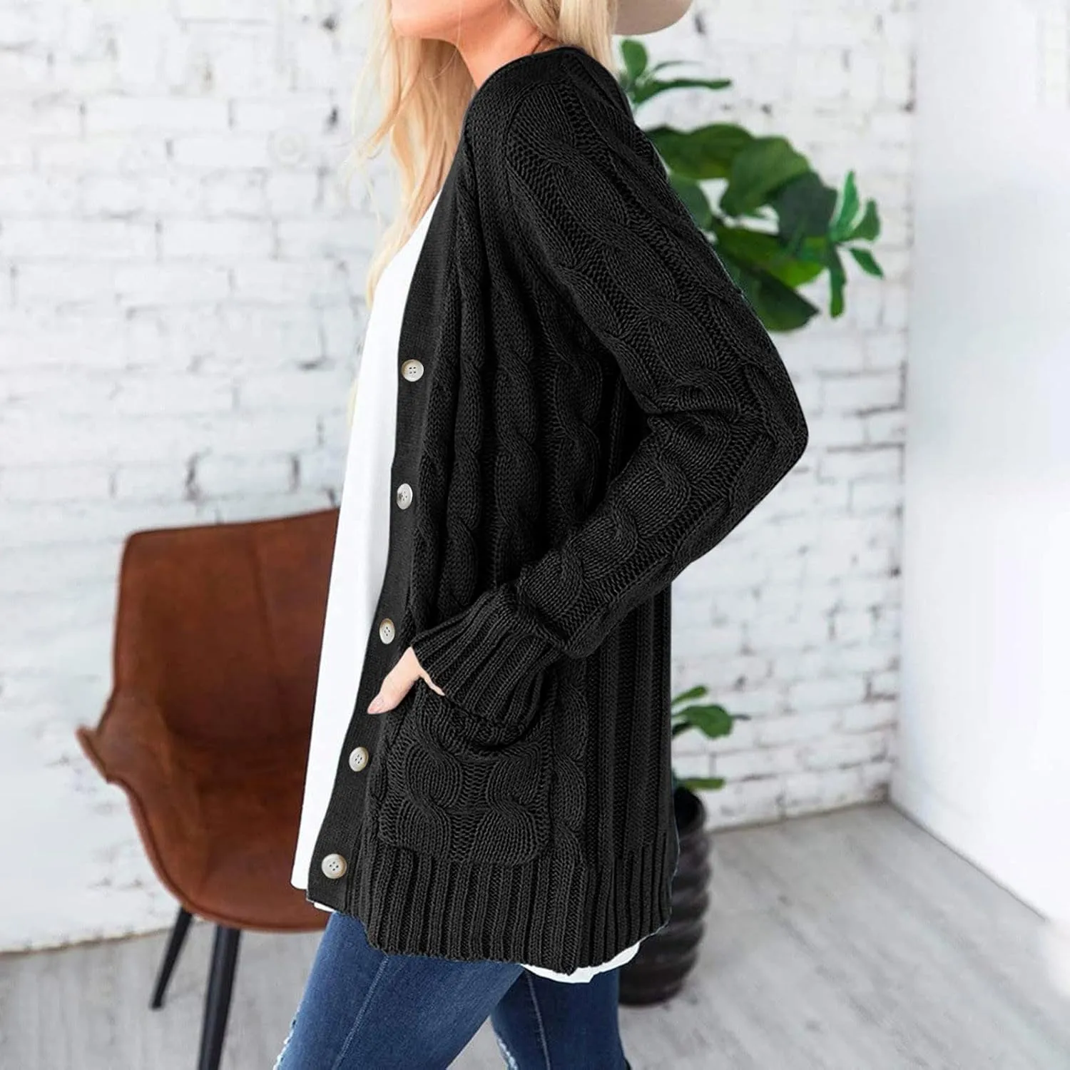 Women's Long Sleeve Open Front Knitted Cardigan Sweater, Button Down Chunky Pullover Outwear Coat