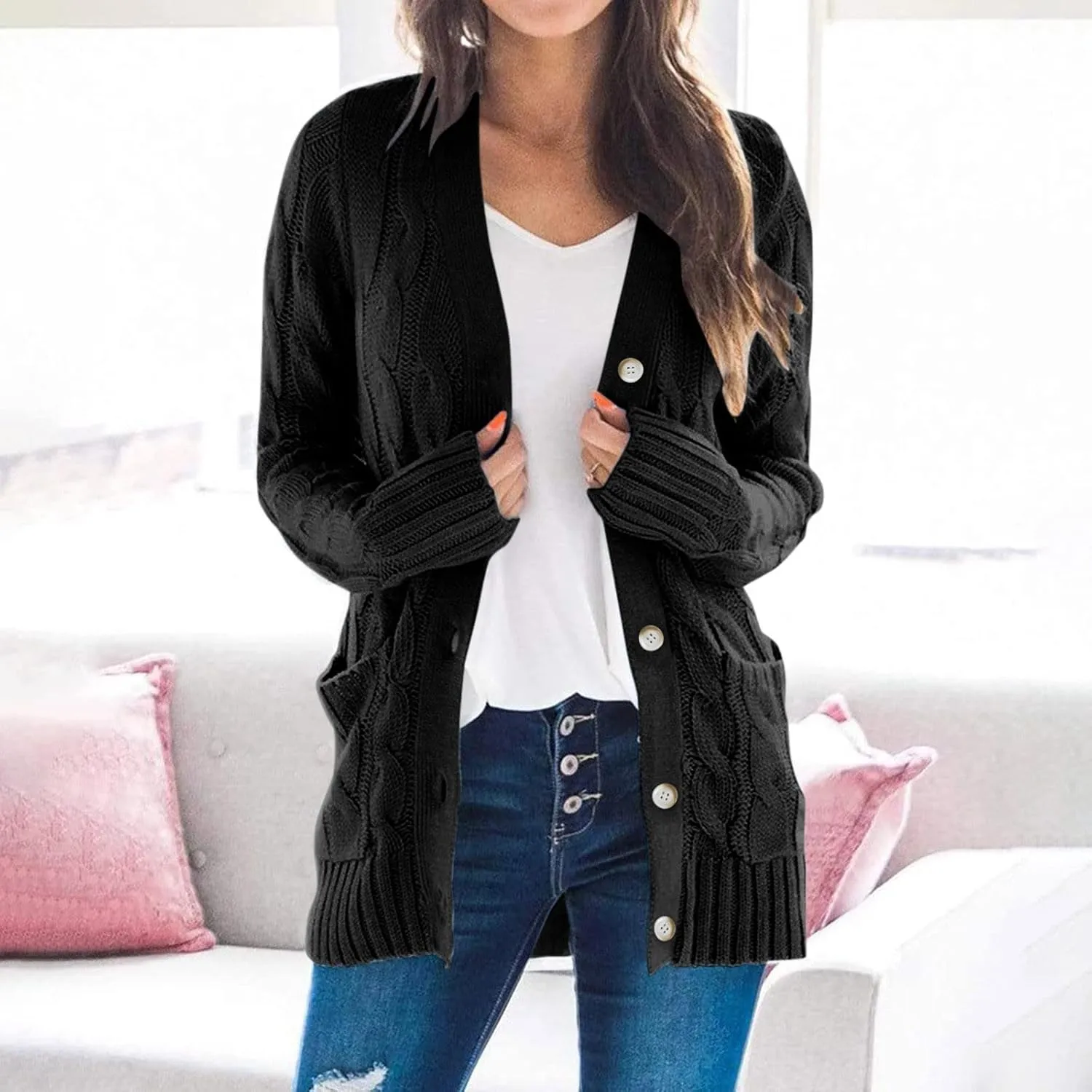 Women's Long Sleeve Open Front Knitted Cardigan Sweater, Button Down Chunky Pullover Outwear Coat