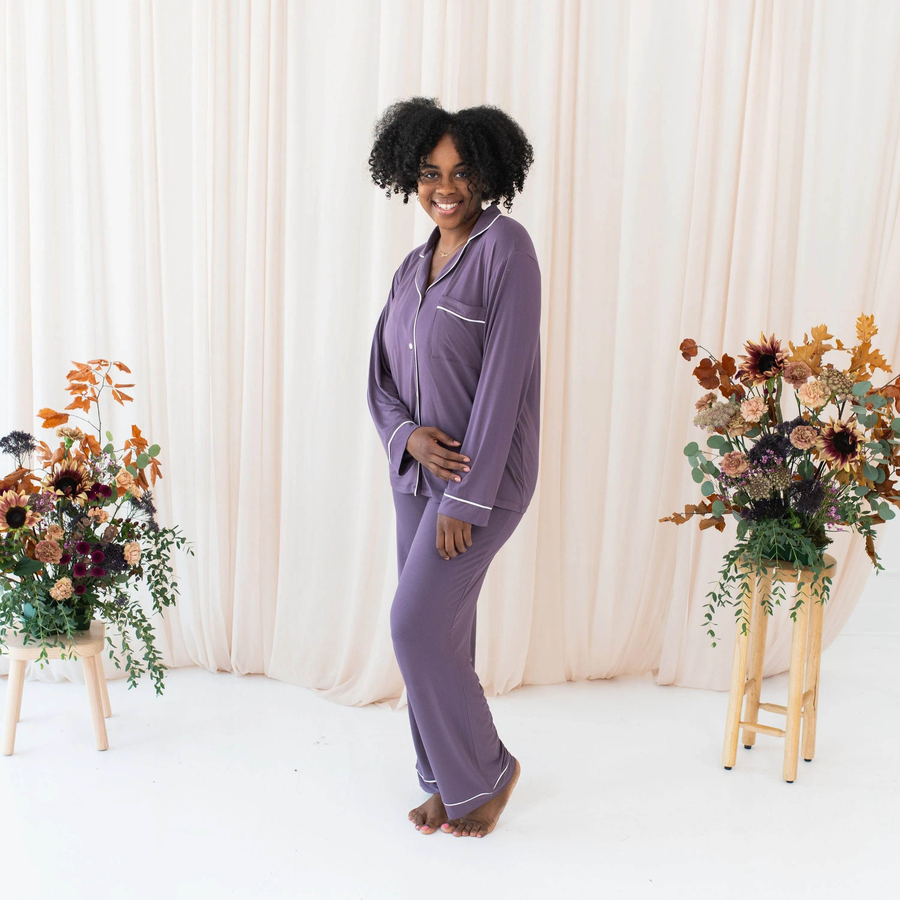 Women's Long Sleeve Pajama Set in Currant with Cloud Trim