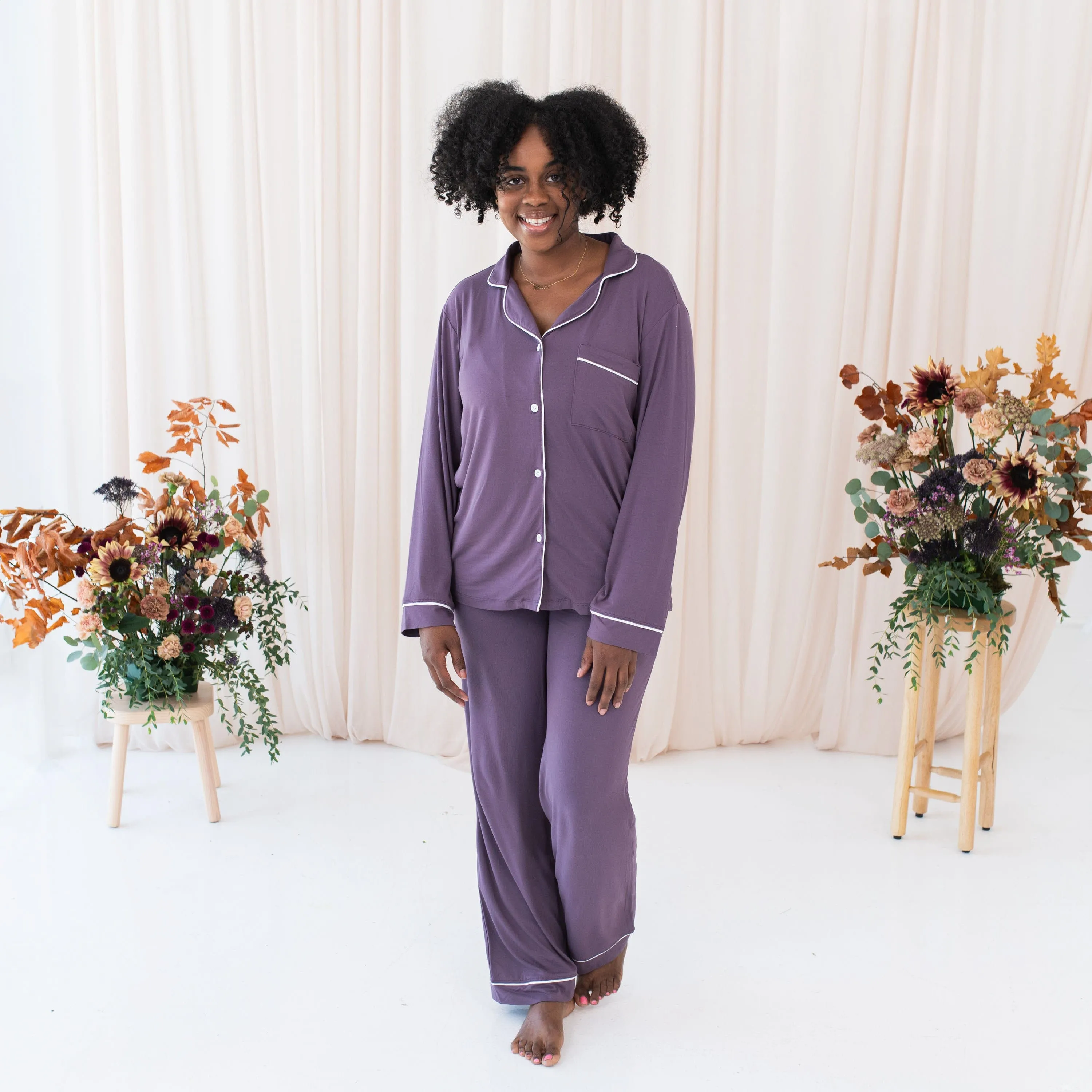 Women's Long Sleeve Pajama Set in Currant with Cloud Trim